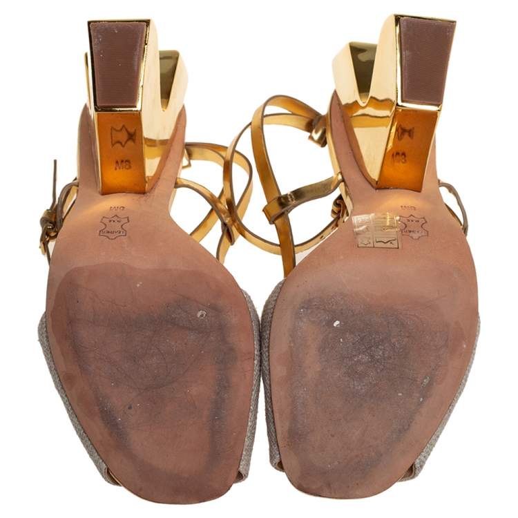 Pre Owned Tory Burch Beige/Gold Leather and Canvas Curio Sandals Size 38