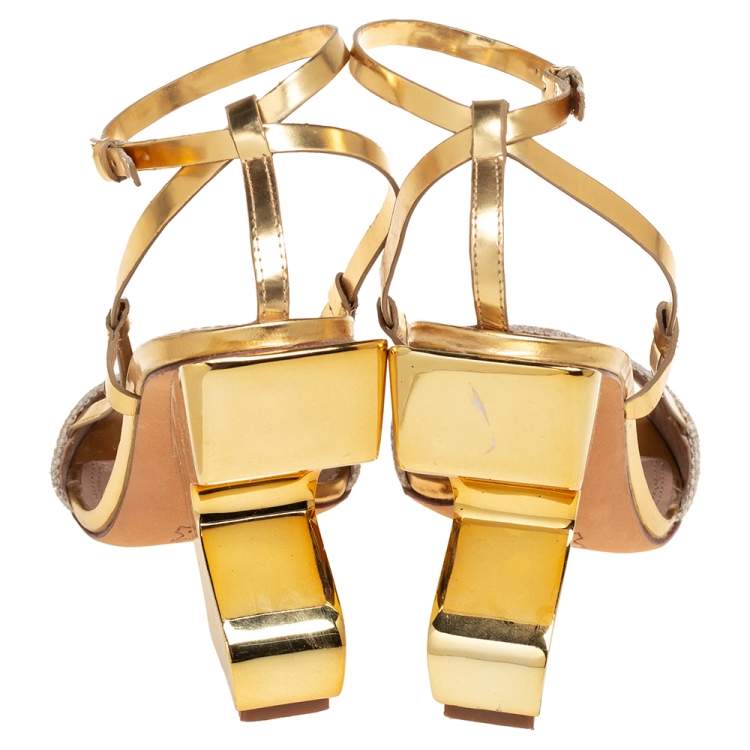 Pre Owned Tory Burch Beige/Gold Leather and Canvas Curio Sandals Size 38