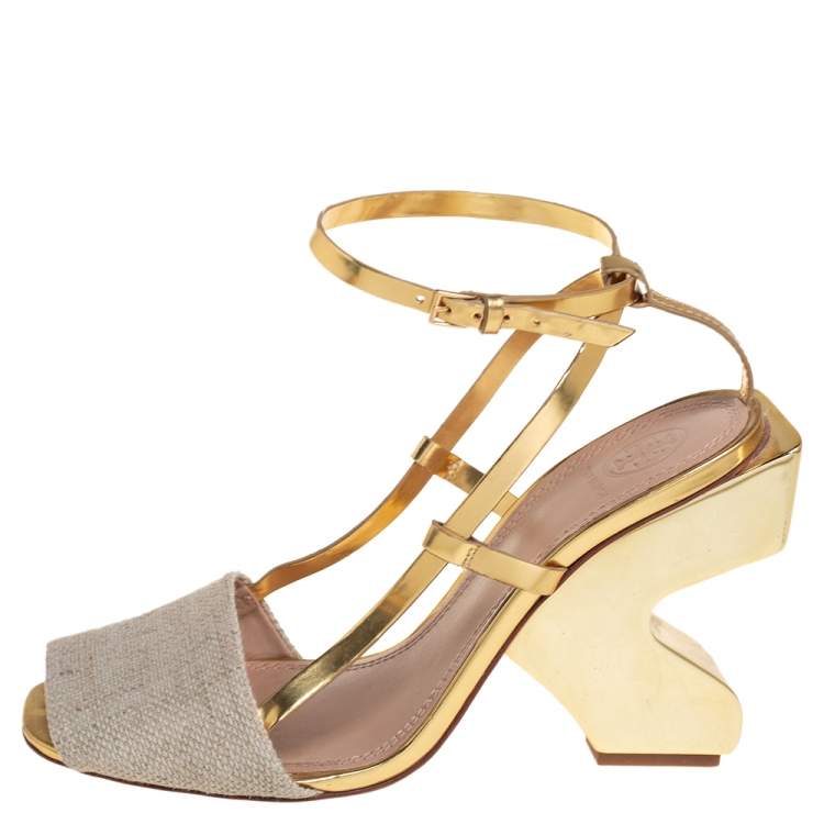 Pre Owned Tory Burch Beige/Gold Leather and Canvas Curio Sandals Size 38