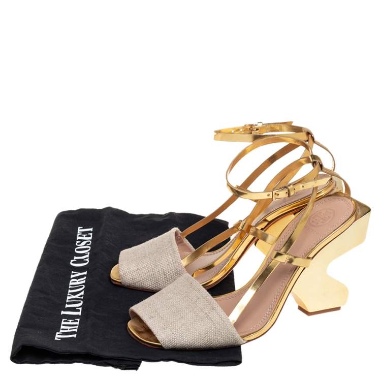 Pre Owned Tory Burch Beige/Gold Leather and Canvas Curio Sandals Size 38
