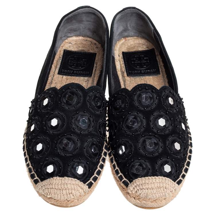 Pre Owned Tory Burch Black Suede Embellished Espadrille Flats Size 35