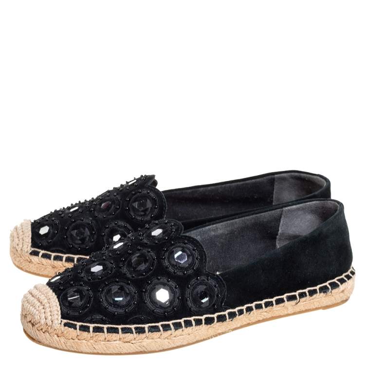 Pre Owned Tory Burch Black Suede Embellished Espadrille Flats Size 35