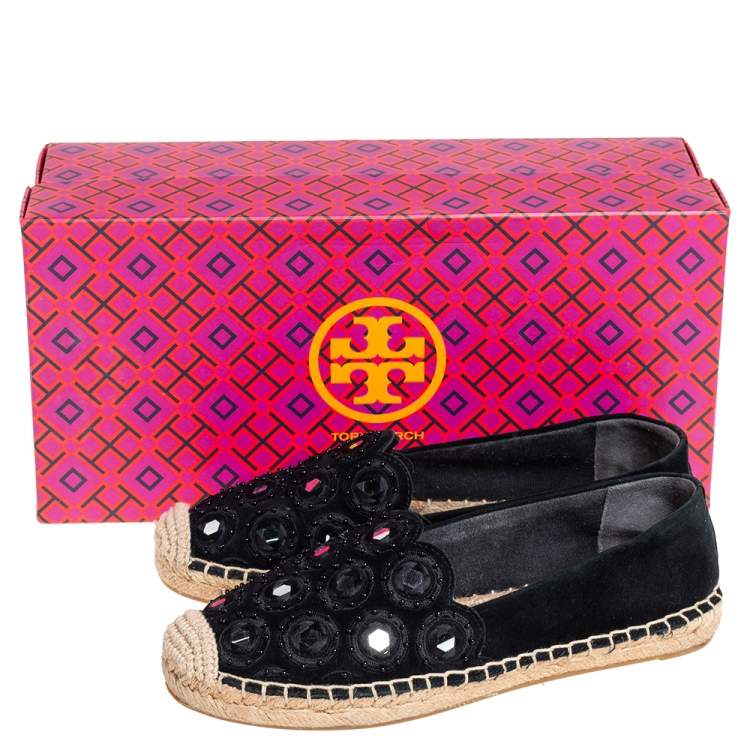 Pre Owned Tory Burch Black Suede Embellished Espadrille Flats Size 35