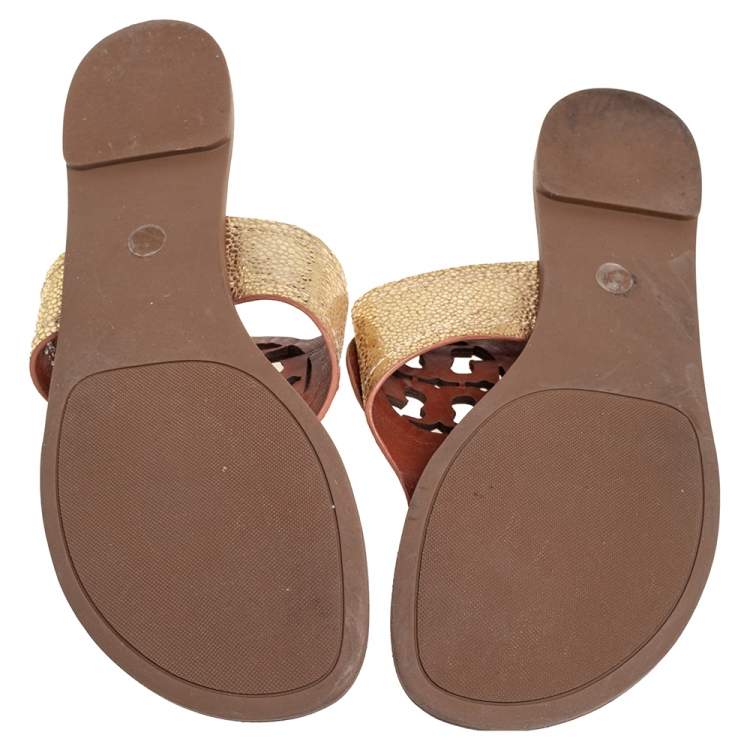 Pre Owned Tory Burch Gold Leather Louisa Thong Sandals Size 38.5 