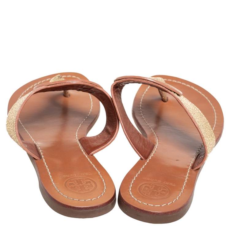 Pre Owned Tory Burch Gold Leather Louisa Thong Sandals Size 38.5 