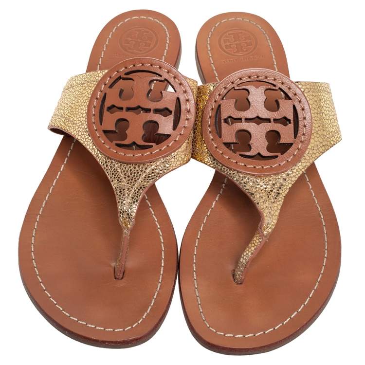 Pre Owned Tory Burch Gold Leather Louisa Thong Sandals Size 38.5 