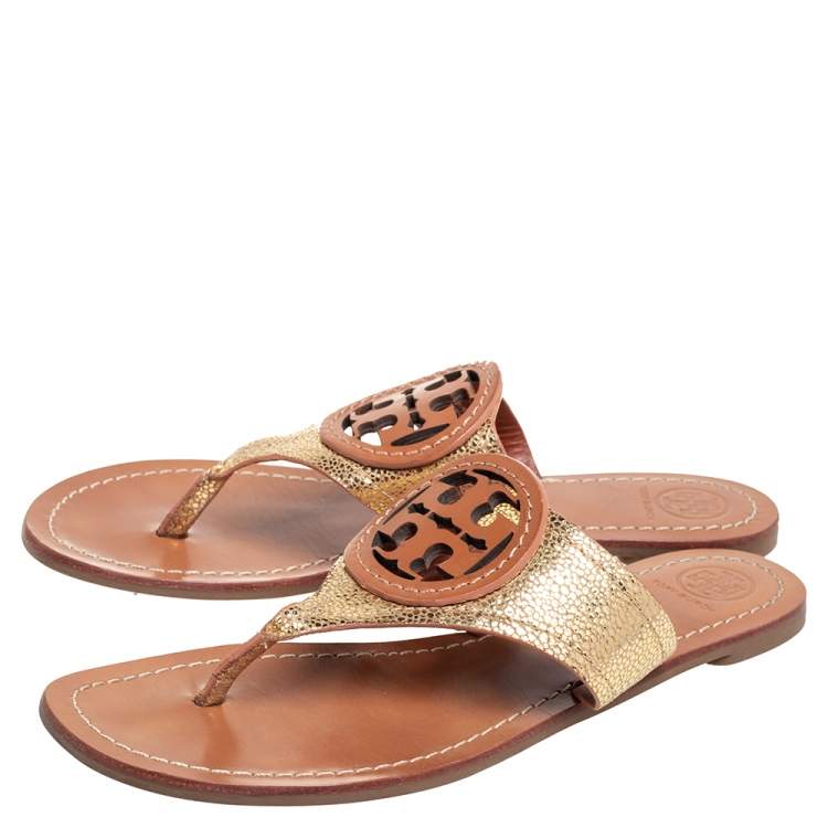 Pre Owned Tory Burch Gold Leather Louisa Thong Sandals Size 38.5 