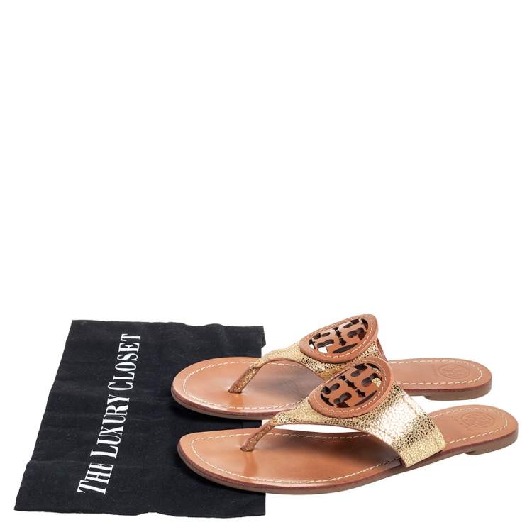 Pre Owned Tory Burch Gold Leather Louisa Thong Sandals Size 38.5 