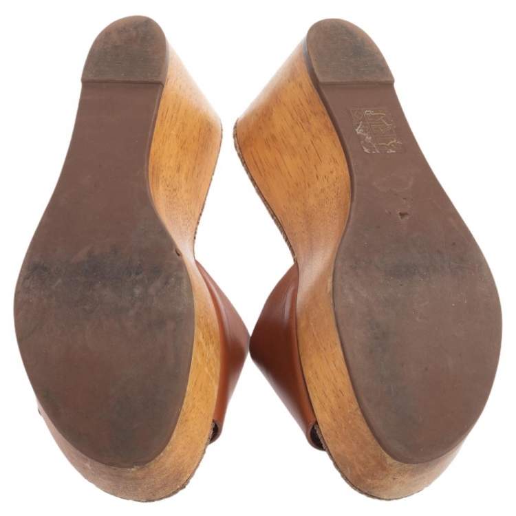 Pre Owned Tory Burch Brown Leather Patty Platform Wedge Sandals Size 35