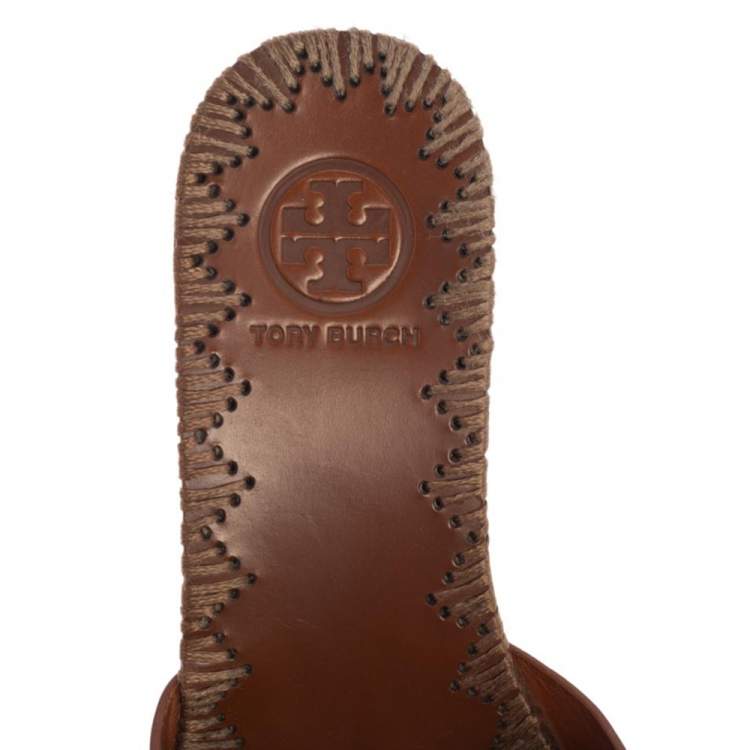 Pre Owned Tory Burch Brown Leather Patty Platform Wedge Sandals Size 35