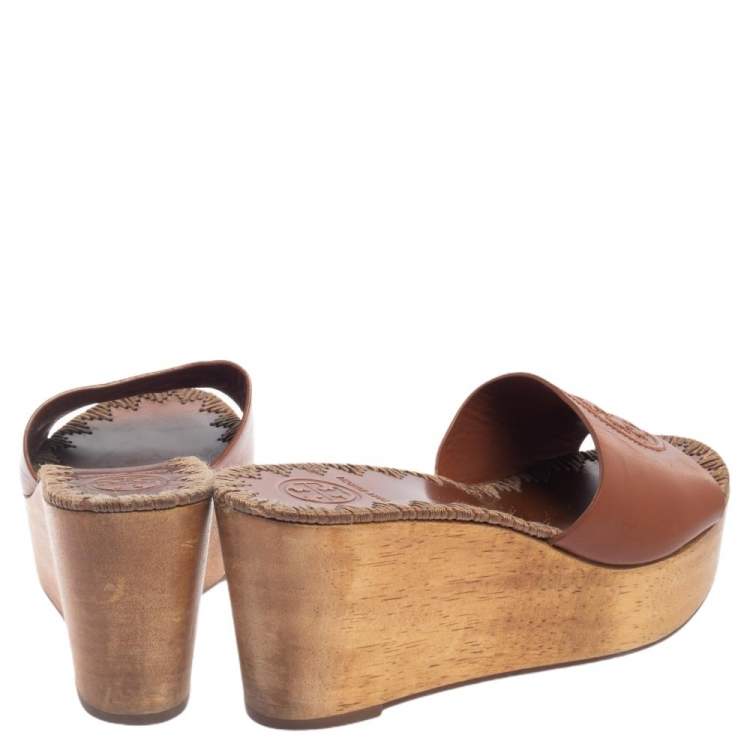 Pre Owned Tory Burch Brown Leather Patty Platform Wedge Sandals Size 35