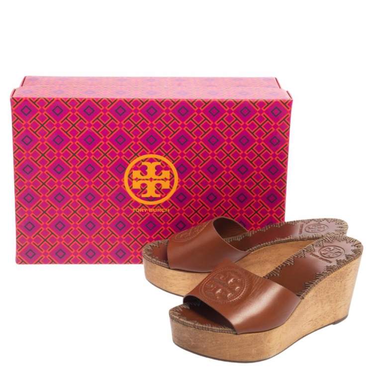 Pre Owned Tory Burch Brown Leather Patty Platform Wedge Sandals Size 35