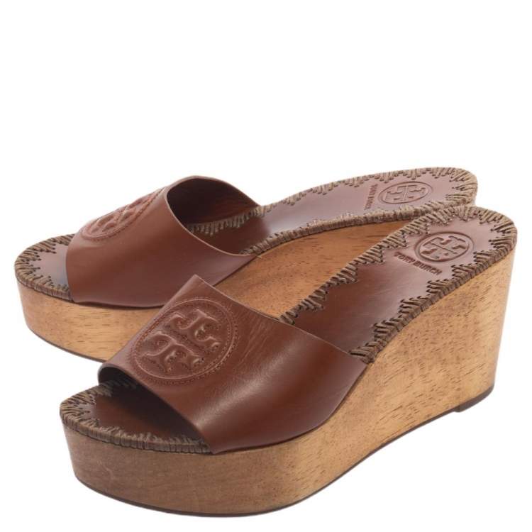 Pre Owned Tory Burch Brown Leather Patty Platform Wedge Sandals Size 35