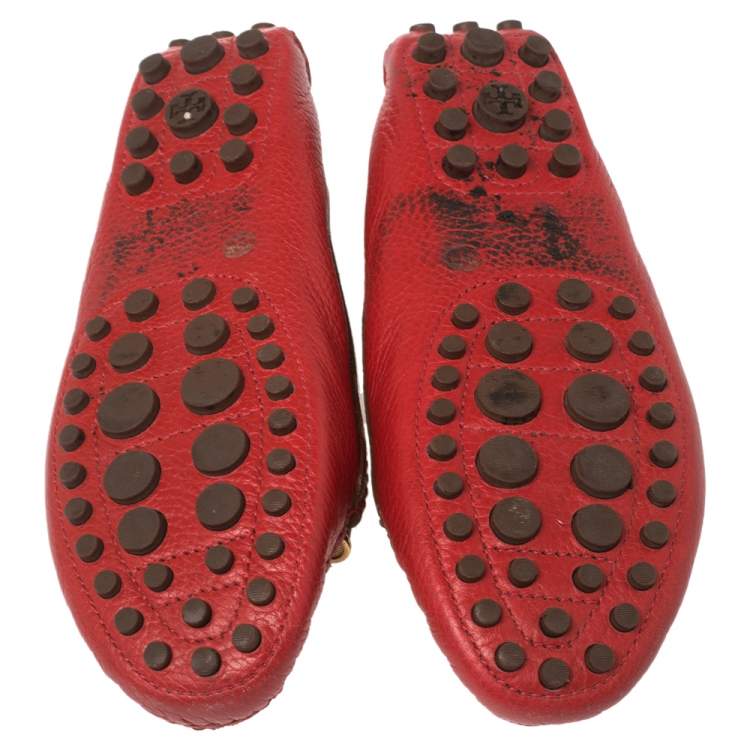 Pre Owned Tory Burch Red Leather Slip On Loafers Size 37.5