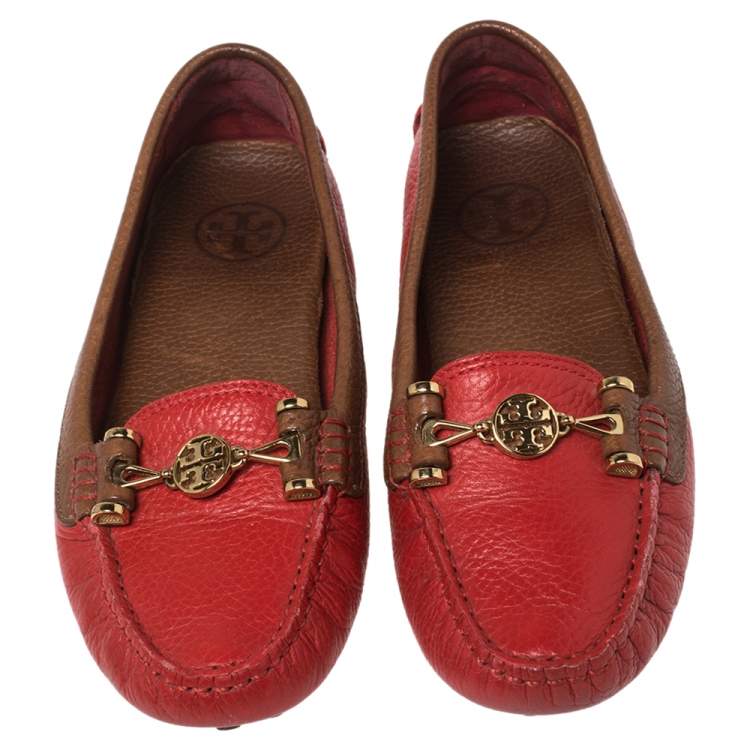 Pre Owned Tory Burch Red Leather Slip On Loafers Size 37.5