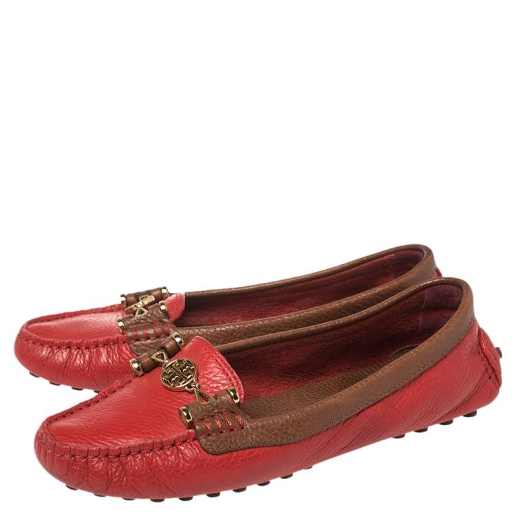 Pre Owned Tory Burch Red Leather Slip On Loafers Size 37.5