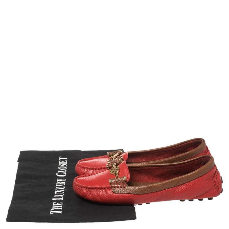Pre Owned Tory Burch Red Leather Slip On Loafers Size 37.5