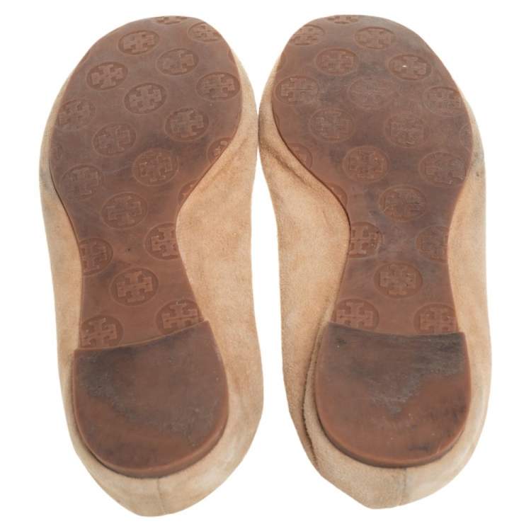 Pre Owned Tory Burch Beige Suede Reva Scrunch Ballet Flats Size 38.5