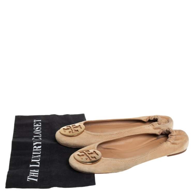 Pre Owned Tory Burch Beige Suede Reva Scrunch Ballet Flats Size 38.5