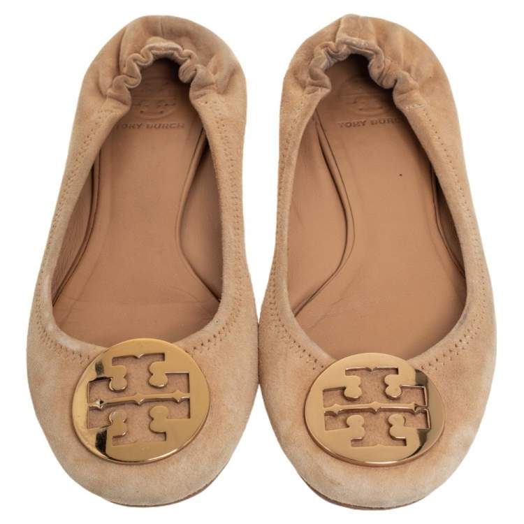 Pre Owned Tory Burch Beige Suede Reva Scrunch Ballet Flats Size 38.5