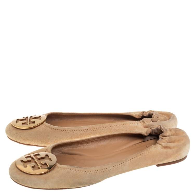 Pre Owned Tory Burch Beige Suede Reva Scrunch Ballet Flats Size 38.5