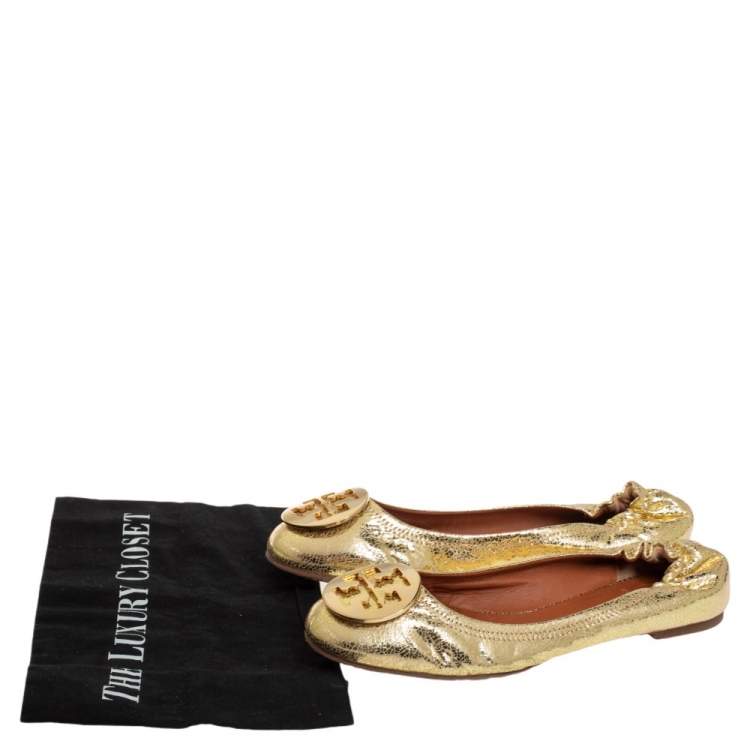 Pre Owned Tory Burch Gold Leather Reva Scrunch Ballet Flats Size 39