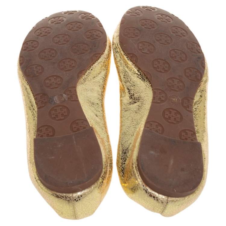 Pre Owned Tory Burch Gold Leather Reva Scrunch Ballet Flats Size 39