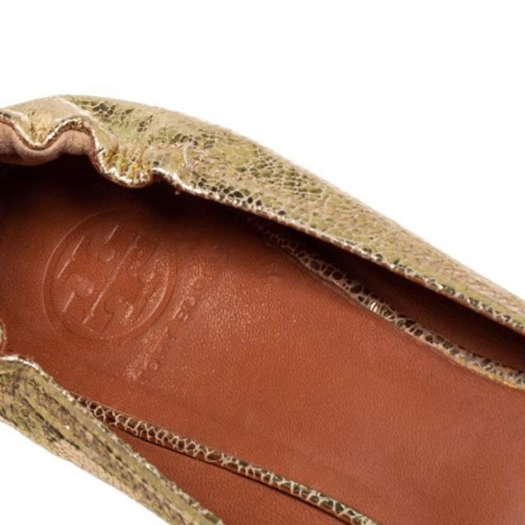 Pre Owned Tory Burch Gold Leather Reva Scrunch Ballet Flats Size 39