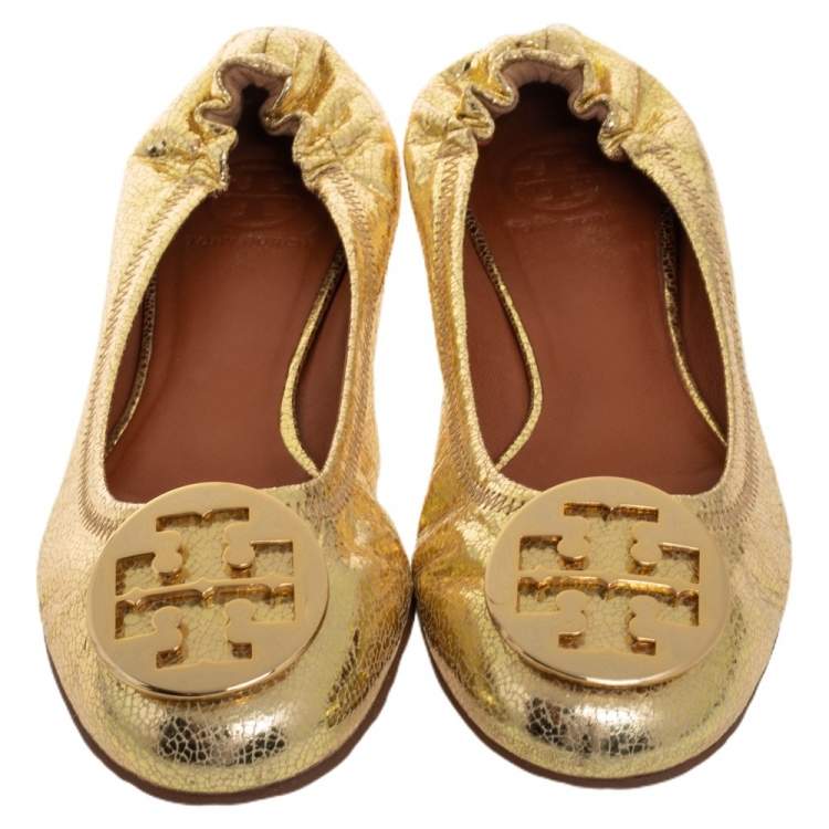 Pre Owned Tory Burch Gold Leather Reva Scrunch Ballet Flats Size 39