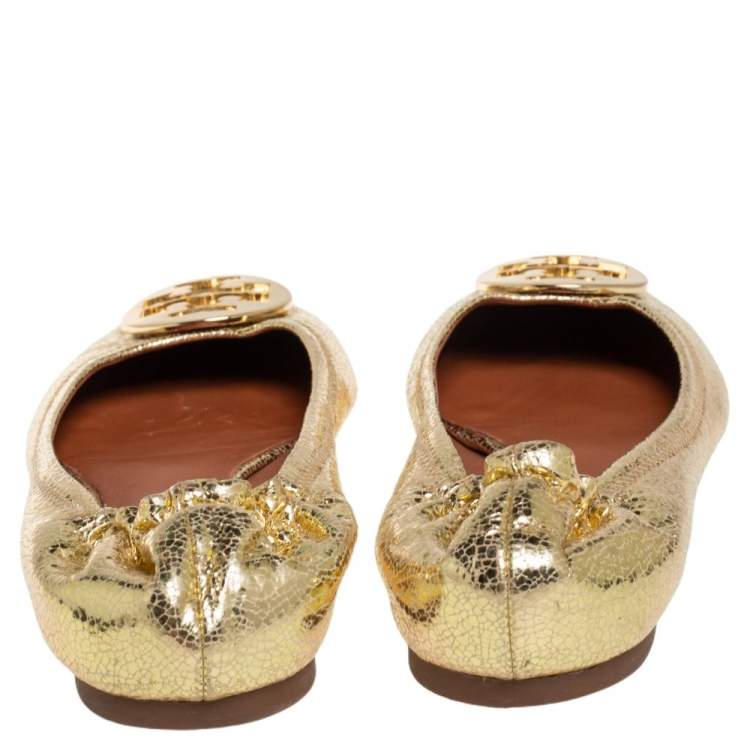 Pre Owned Tory Burch Gold Leather Reva Scrunch Ballet Flats Size 39
