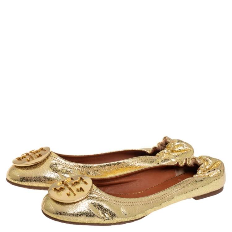 Pre Owned Tory Burch Gold Leather Reva Scrunch Ballet Flats Size 39