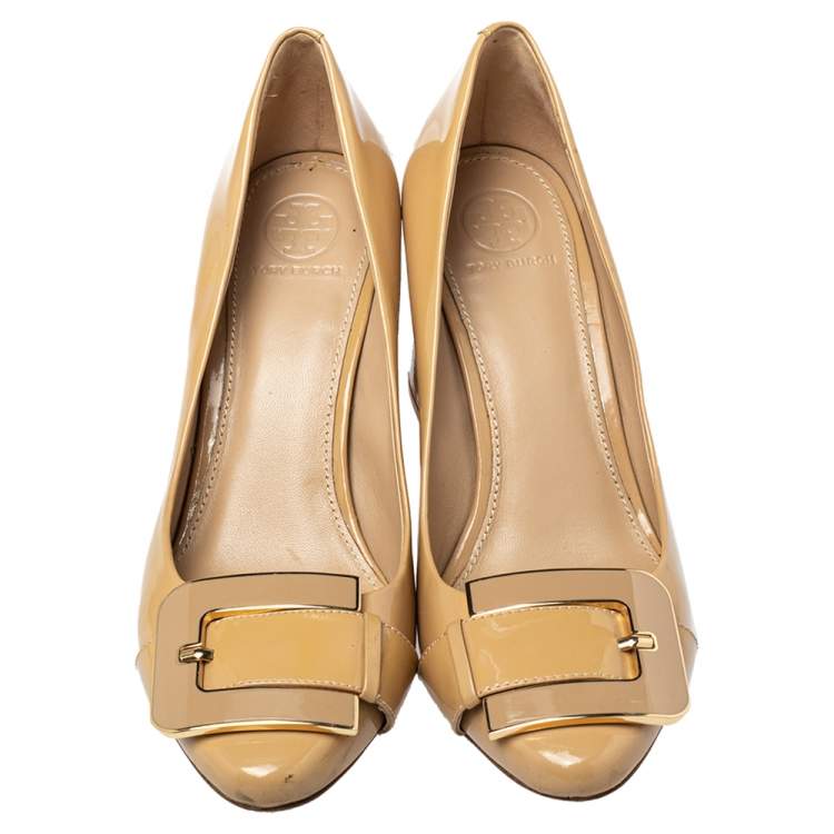 Pre Owned Tory Burch Beige Patent Leather Maria Pumps Size 37