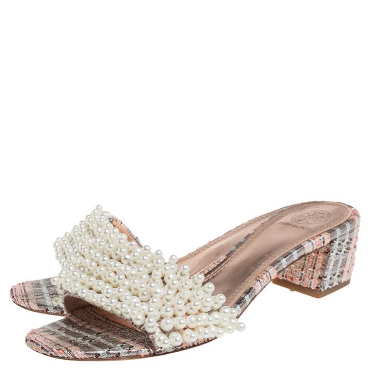 Pre Owned Tory Burch Multicolor Brocade Fabric Pearl Embellished Tatiana Slide Sandals Size 38a