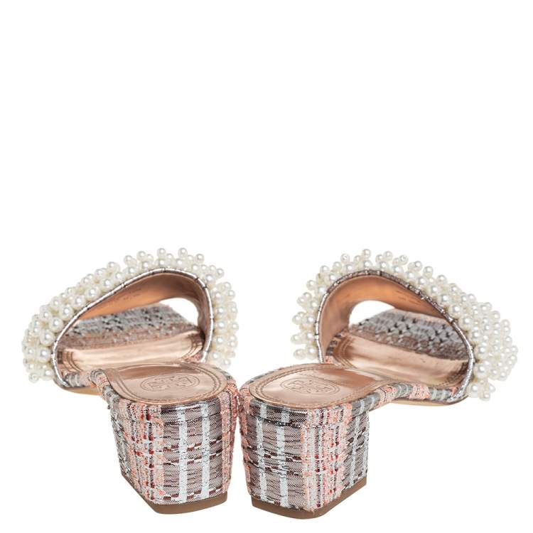 Pre Owned Tory Burch Multicolor Brocade Fabric Pearl Embellished Tatiana Slide Sandals Size 38a