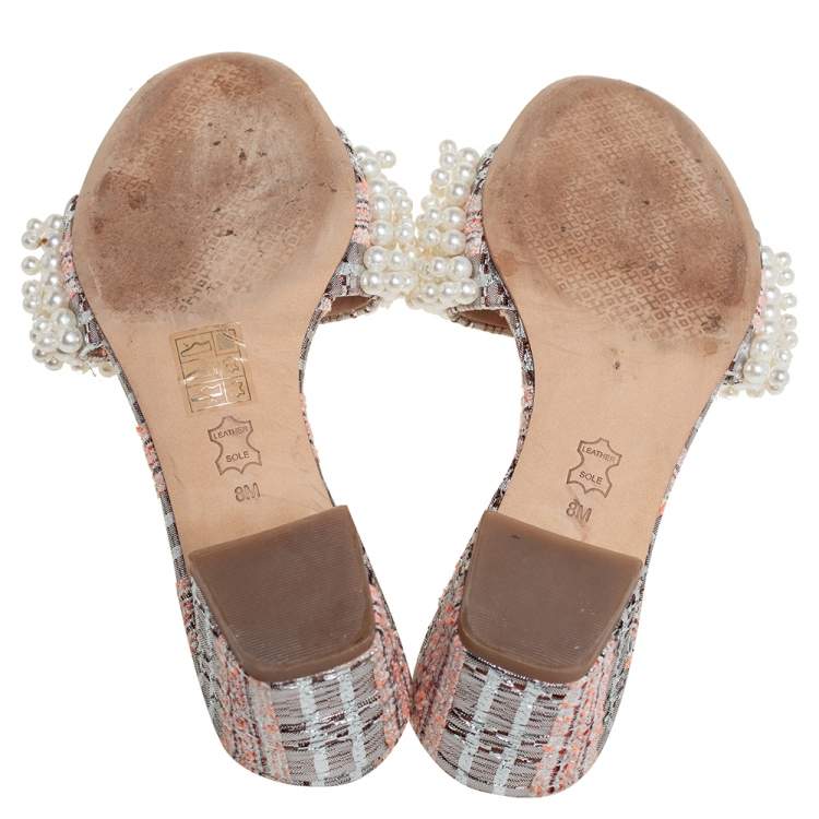 Pre Owned Tory Burch Multicolor Brocade Fabric Pearl Embellished Tatiana Slide Sandals Size 38a