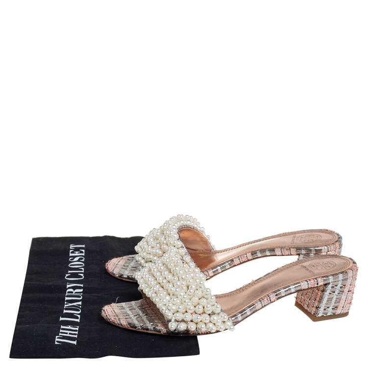 Pre Owned Tory Burch Multicolor Brocade Fabric Pearl Embellished Tatiana Slide Sandals Size 38a