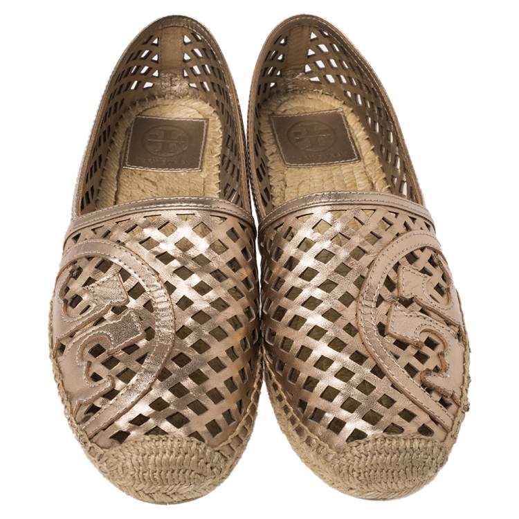 Pre Owned Tory Burch Gold Leather Laser Cut Espadrille Flats Size 38.5