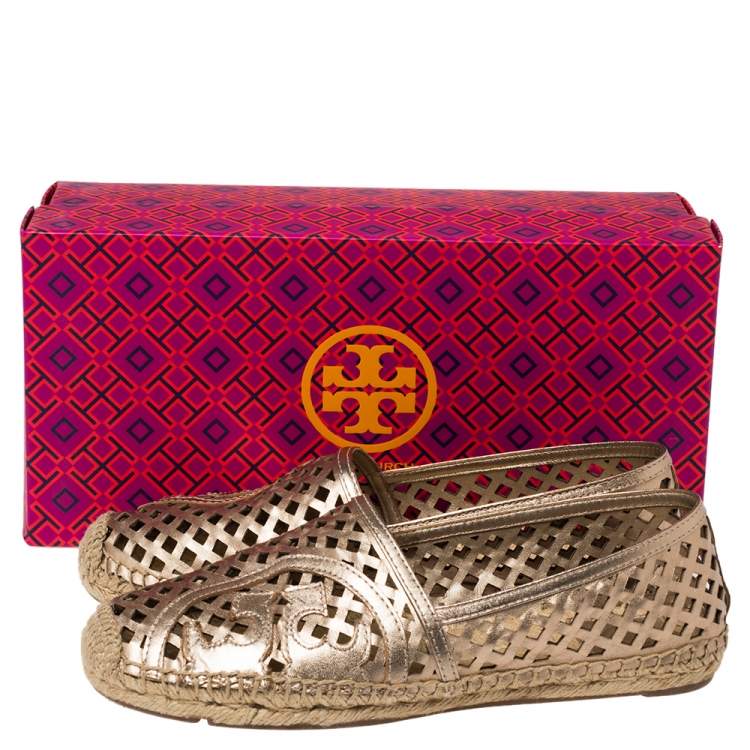 Pre Owned Tory Burch Gold Leather Laser Cut Espadrille Flats Size 38.5