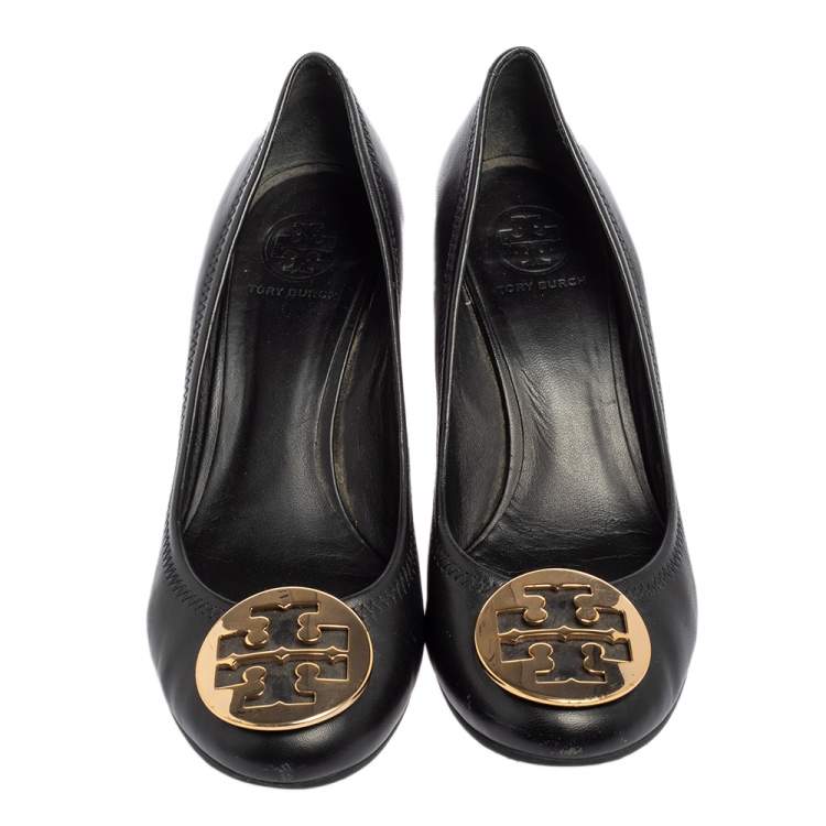 Pre Owned Tory Burch Black Leather Sophie Embellished Wedge Pumps Size 39