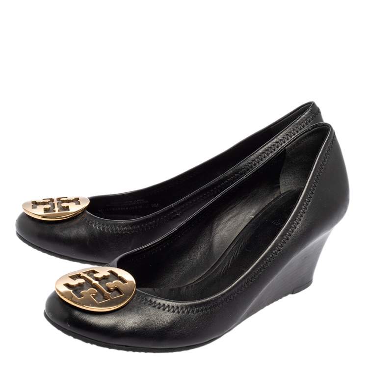 Pre Owned Tory Burch Black Leather Sophie Embellished Wedge Pumps Size 39