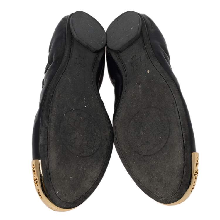 Pre Owned Tory Burch Black Leather Cami Ballet Flats Size 37