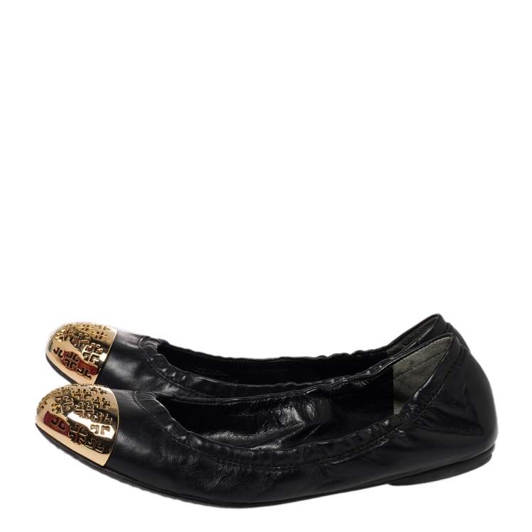Pre Owned Tory Burch Black Leather Cami Ballet Flats Size 37