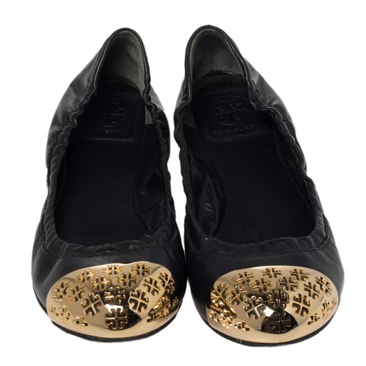 Pre Owned Tory Burch Black Leather Cami Ballet Flats Size 37