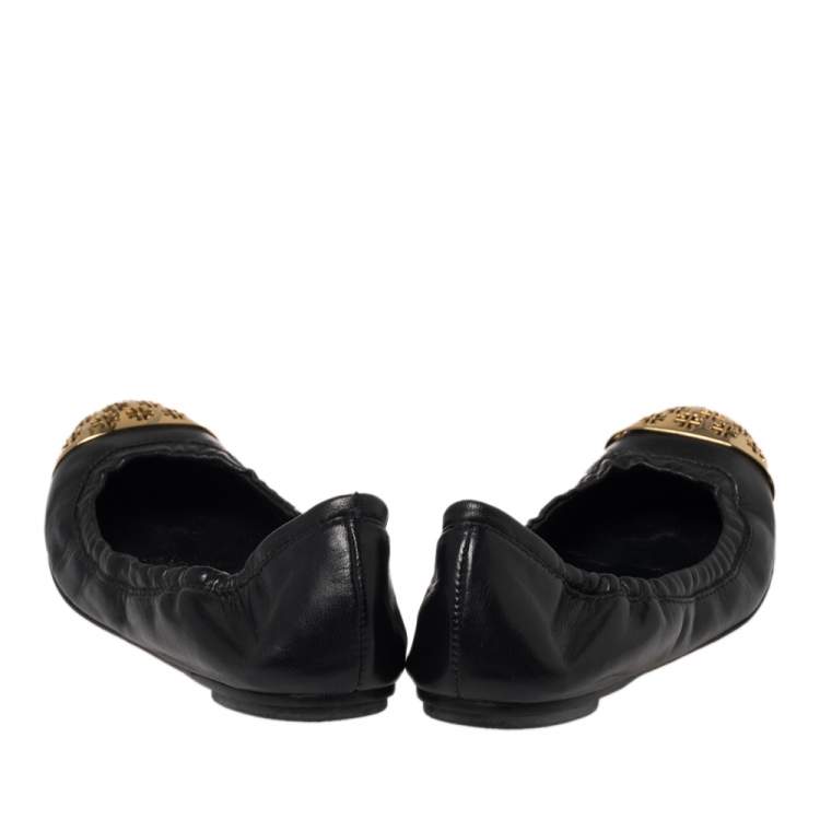 Pre Owned Tory Burch Black Leather Cami Ballet Flats Size 37