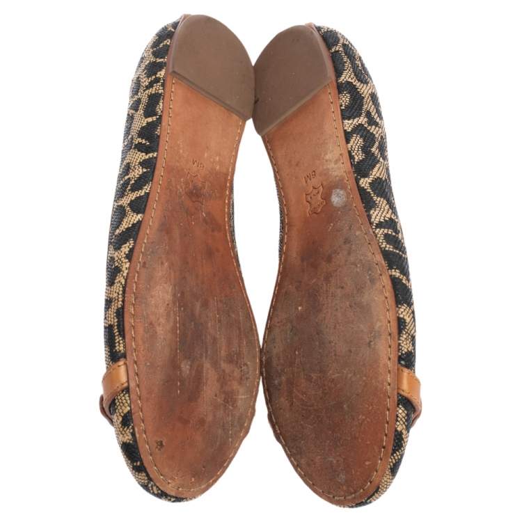 Pre Owned Tory Burch Black/Brown Leopard Print Straw and Leather Trim Ballet Flats Size 