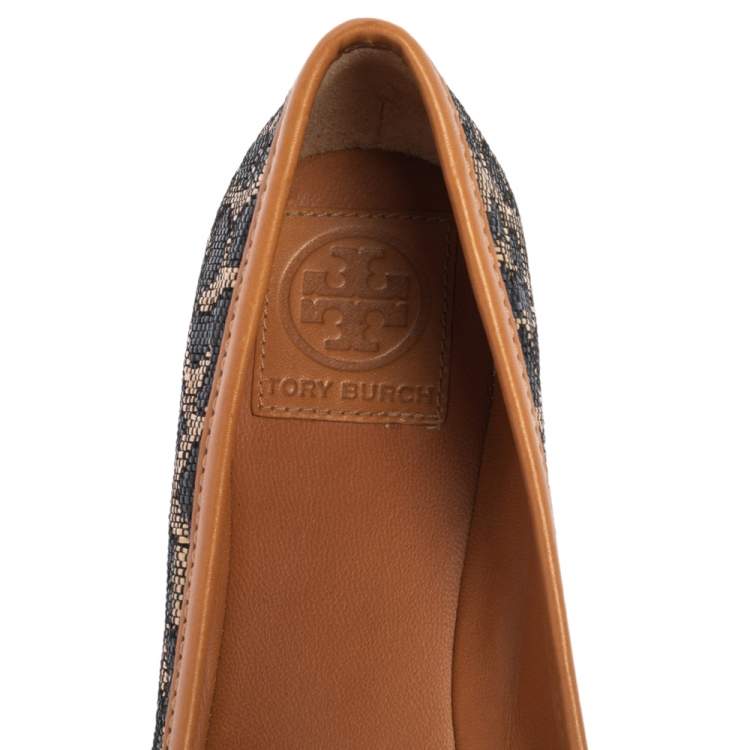Pre Owned Tory Burch Black/Brown Leopard Print Straw and Leather Trim Ballet Flats Size 