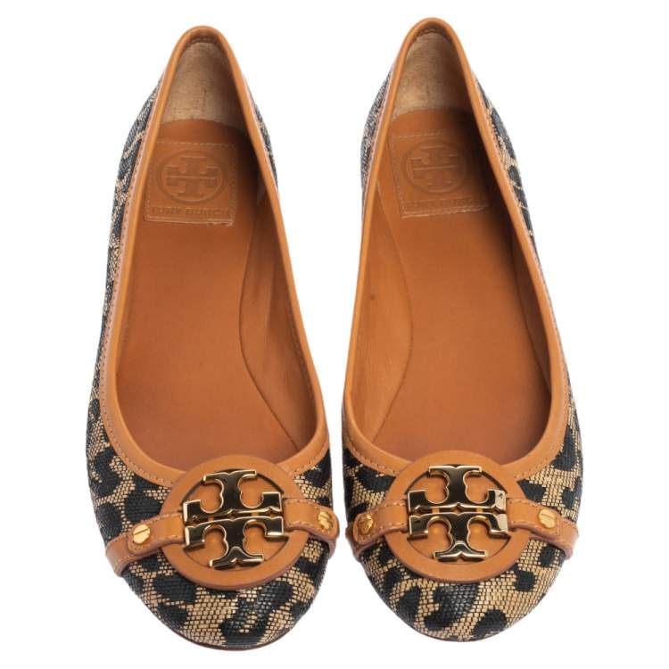 Pre Owned Tory Burch Black/Brown Leopard Print Straw and Leather Trim Ballet Flats Size 