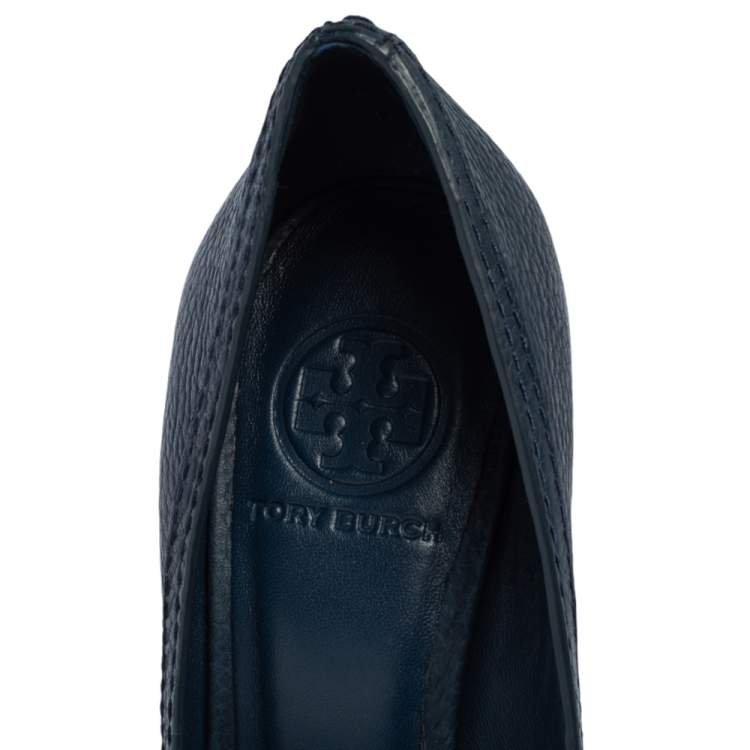 Pre Owned Tory Burch Blue Leather Leticia Peep Toe Wedge Pumps Size 37.5