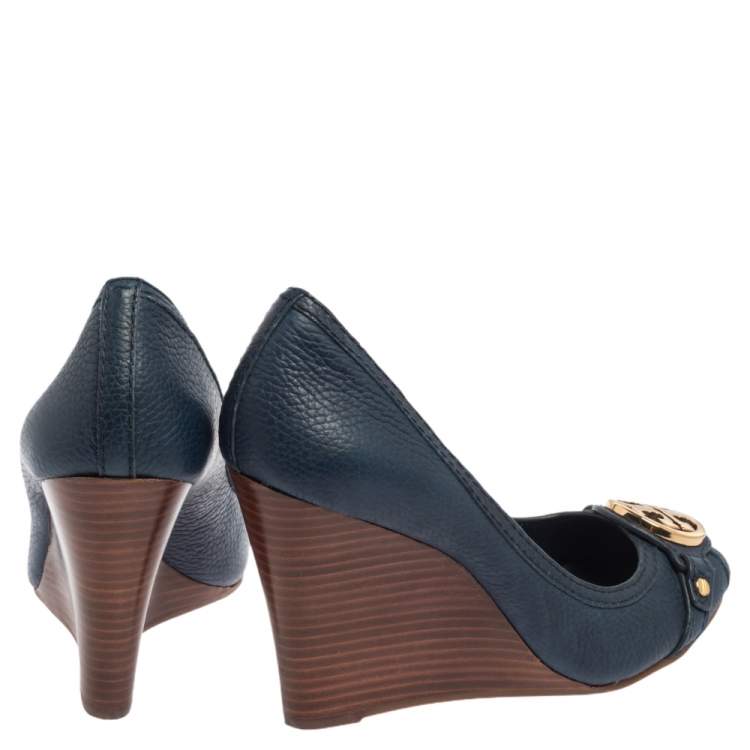 Pre Owned Tory Burch Blue Leather Leticia Peep Toe Wedge Pumps Size 37.5