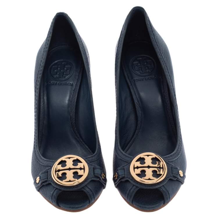 Pre Owned Tory Burch Blue Leather Leticia Peep Toe Wedge Pumps Size 37.5